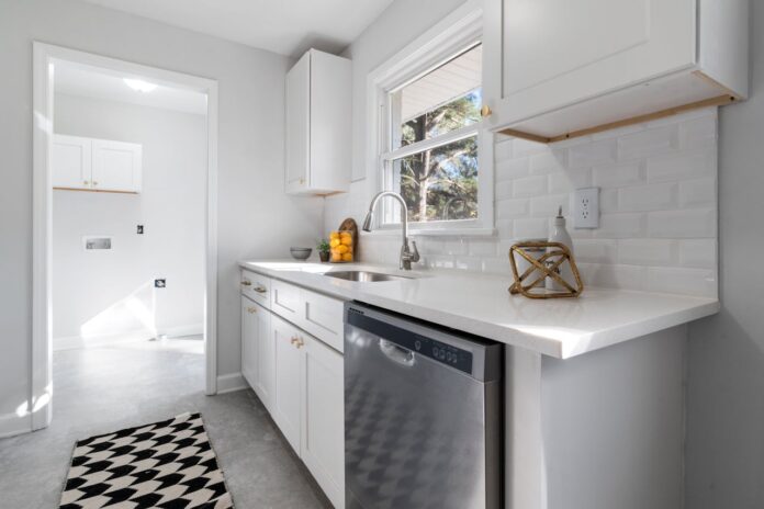 Bright modern kitchen with white cabinets and stainless steel appliances